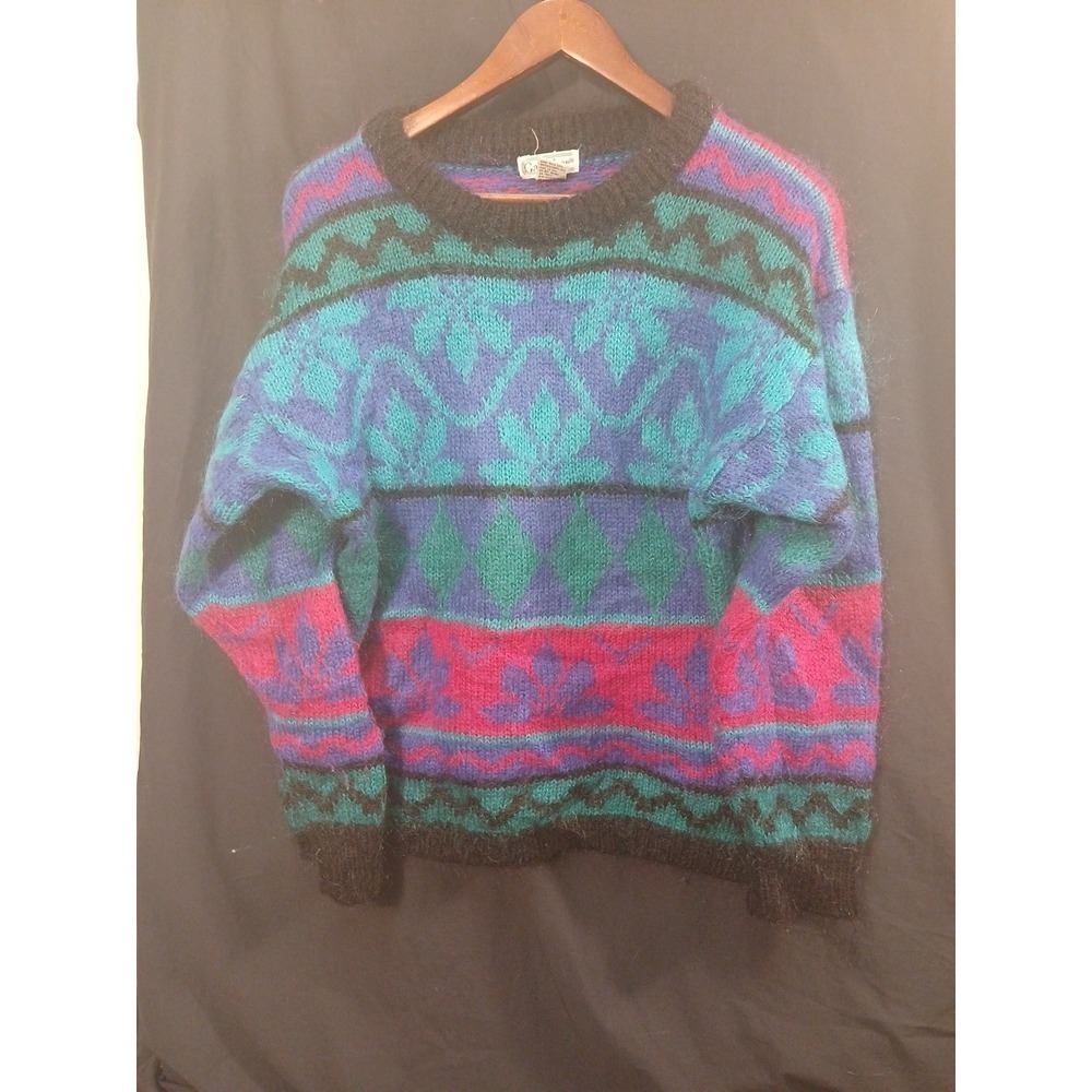 Gallagher Sweater Large Crew Neck Striped Vintage 1990s Retro Mohair Blend Ski - Picture 7 of 8